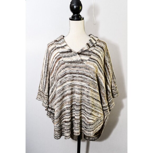 Leo Nicole pullover Sweater Medium Brown Multicolor Shawl Collar Poncho Knit M - Picture 1 of 6